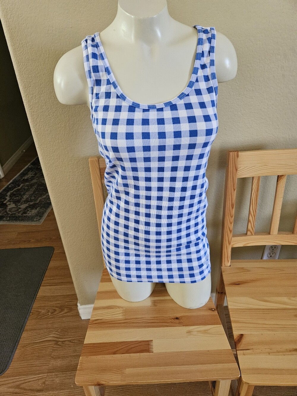 Time And Tru,  Blue and White Gingham Ribbed Tank Top, Size LG 12-14)